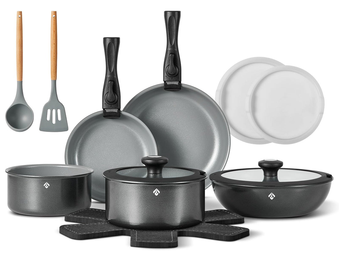 BEZIA Induktions Töpfe Set 17-Tlg, Keramik Pfannenset mit abnehmbarer Griff, Camping Kochtopf Set fü
