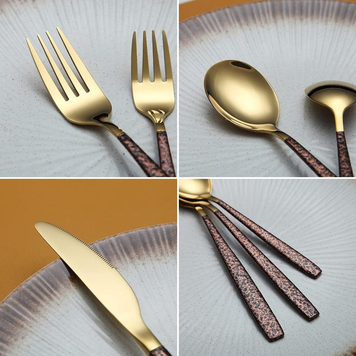 Berglander Besteck Set 30 Stück mit Mondoberfläche Griff und glänzendem Goldmund Titanbeschichtung,