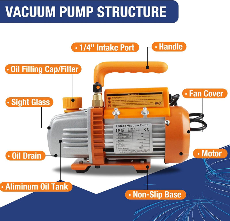 BACOENG 3CFM Einstufige Vakuumpumpe Unterdruckpumpe Vakuum Pumpe 85 L/Min