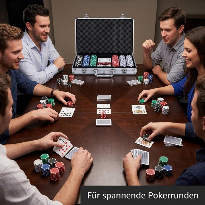 Relaxdays Pokerkoffer, 300 Laser Pokerchips, 2 Kartendecks, 5 Würfel, Dealer Button, Aluminiumkoffer