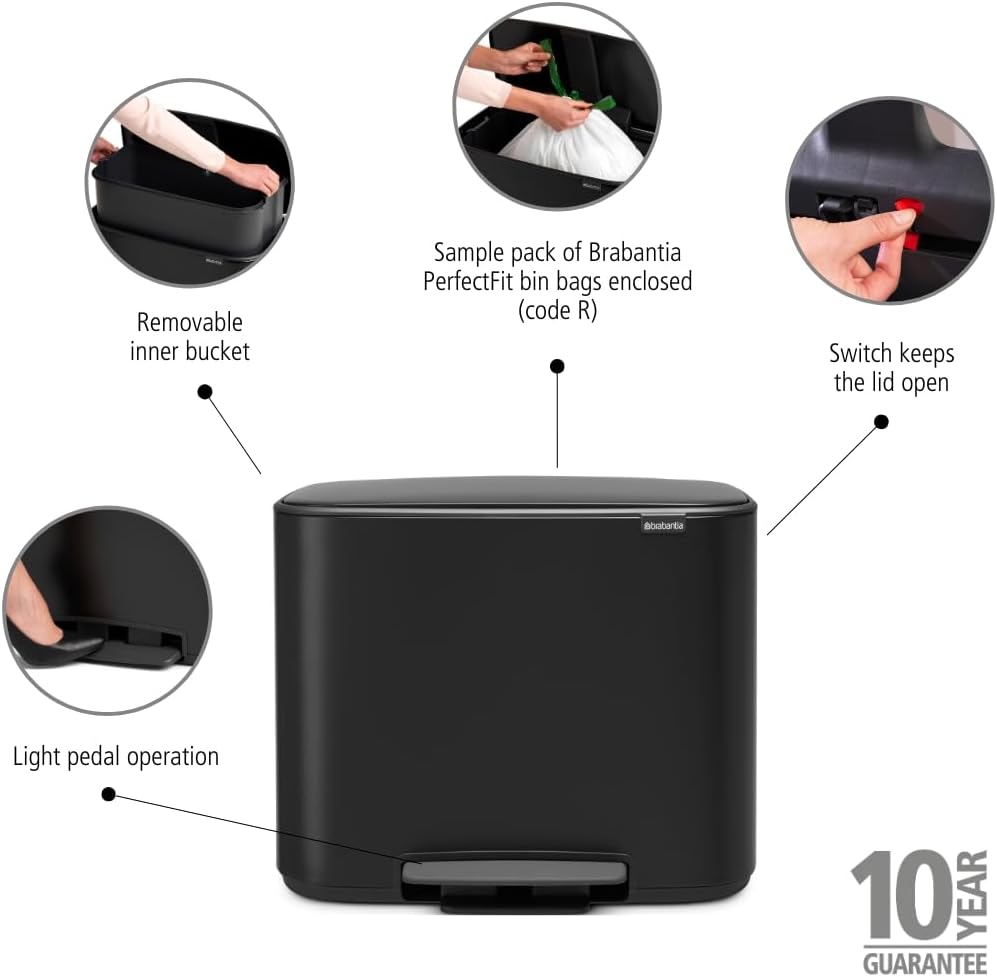 Brabantia Bo Treteimer 36 L Abfalleimer, Metall, Matt schwarz, 54 x 36.5 x 44 cm, 1 Einheiten 1 Inne