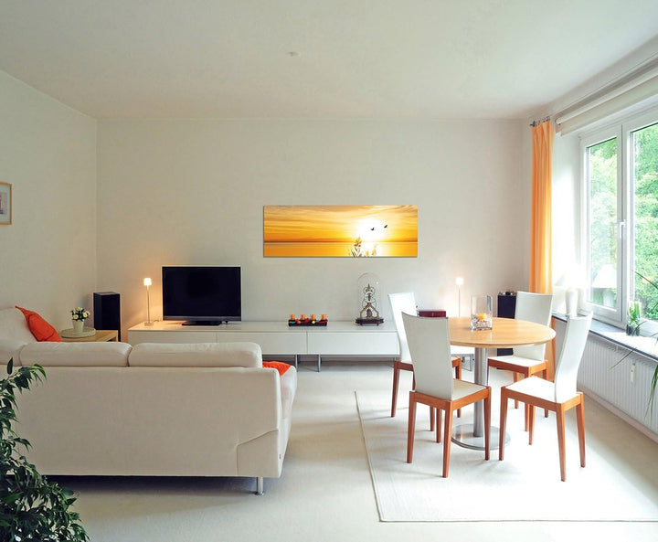 Augenblicke Wandbilder Leinwandbild als Panorama in 150x50cm See Gräser Vögel Sonnenuntergang