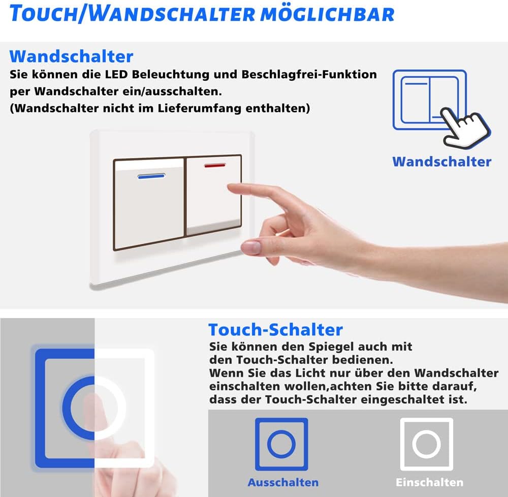 Biubiubath 50x70cm LED Badspiegel mit Wandschalter/Touchschalter,Badspiegel mit Beleuchtung,Beschlag