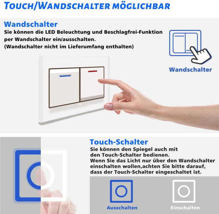 Aica Sanitär Badspiegel mit Beleuchtung 50×70cm 3 Lichfarbe dimmbar Memory Wand/Touchschalter Anti-B