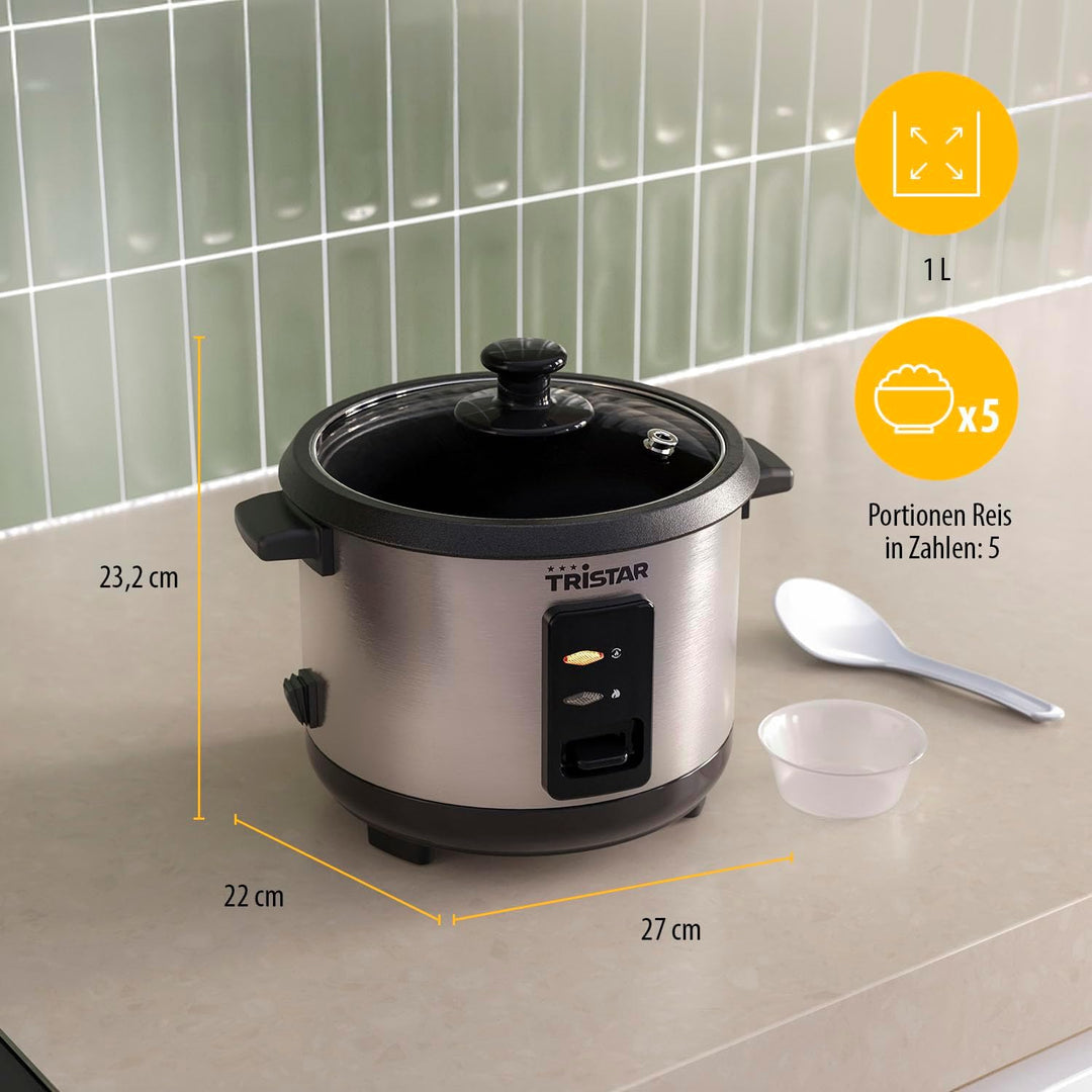 Tristar Reiskocher, 1 L Kapazität für bis zu 5 Portionen, Edelstahlgehäuse, Antihaft-Innentopf, Damp