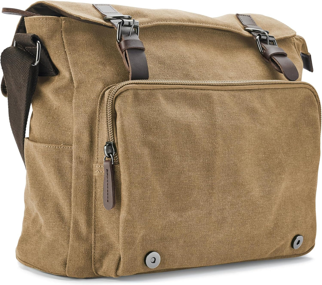 Trendhim Messenger Bag Herren | Canvas Umhängetasche mit Lederdetails &amp; Laptopfach | Schultertasche