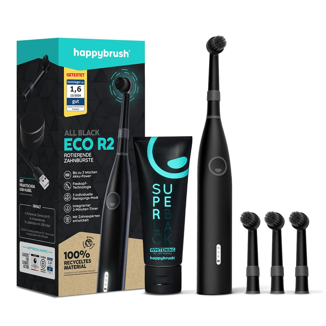 happybrush® Elektrische Zahnbürste Eco R2 - Nachhaltige rotierende Zahnbürste mit Power-Akku inkl. 3