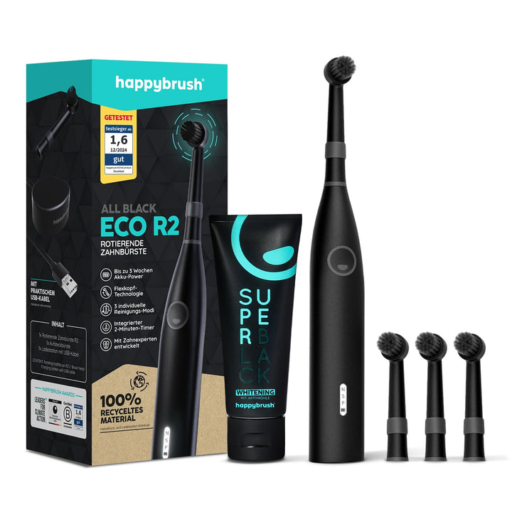 happybrush® Elektrische Zahnbürste Eco R2 - Nachhaltige rotierende Zahnbürste mit Power-Akku inkl. 3