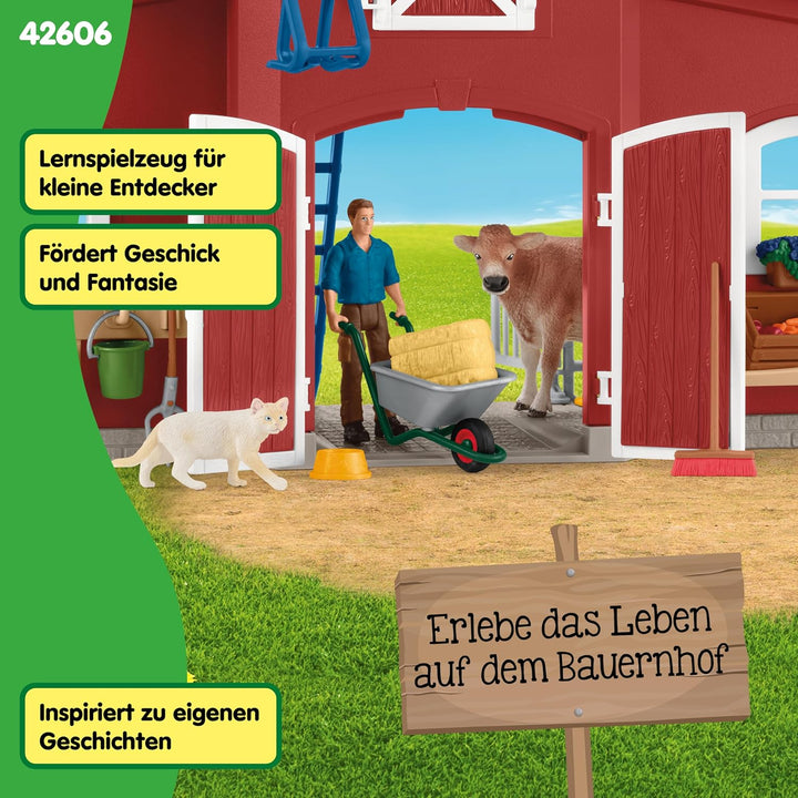 schleich FARM WORLD | Grosse rote Farm mit Bauernhaus 42606 | Set inkl. Haus, Bauer, Kuh, Schwein, K