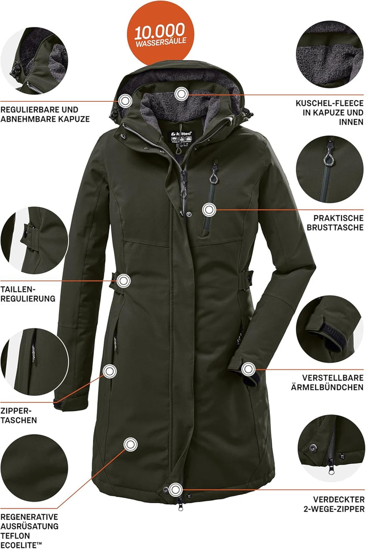 Killtec Damen Kow 165 Wmn Prk Funktionsparka/Parka mit abzippbarer Kapuze 38 dunkeloliv, 38 dunkelol