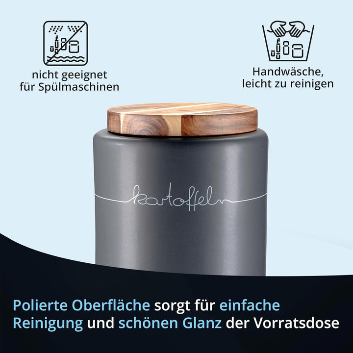 KHG Kartoffel Zwiebel Knoblauch Aufbewahrung 3er Set, Keramik Steingut poliert, Anthrazit Grau Holz