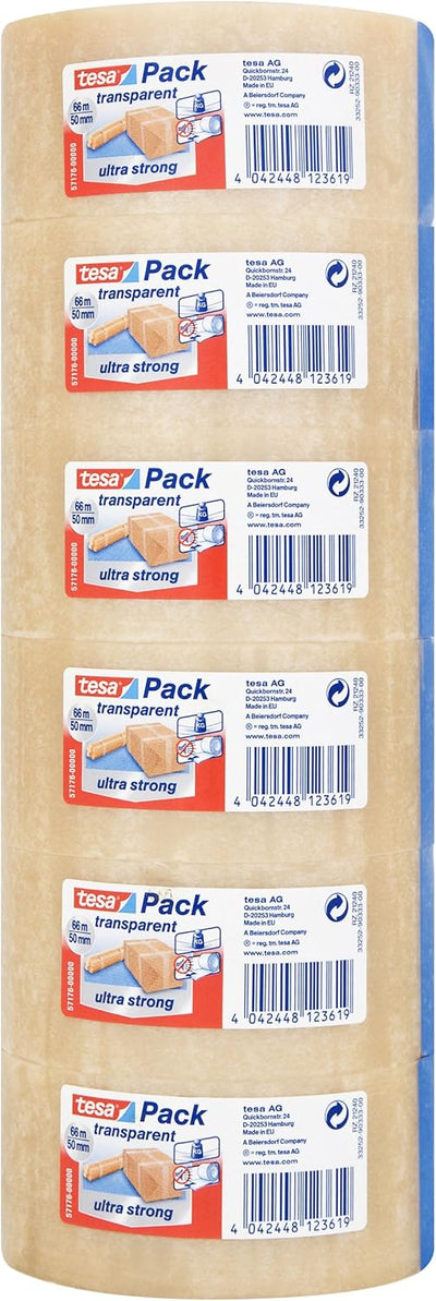 tesaPack Ultra Strong 51124 Transparentes Packband zum Abdichten schwerer Pakete, 6 Rollen, 66 m x 5