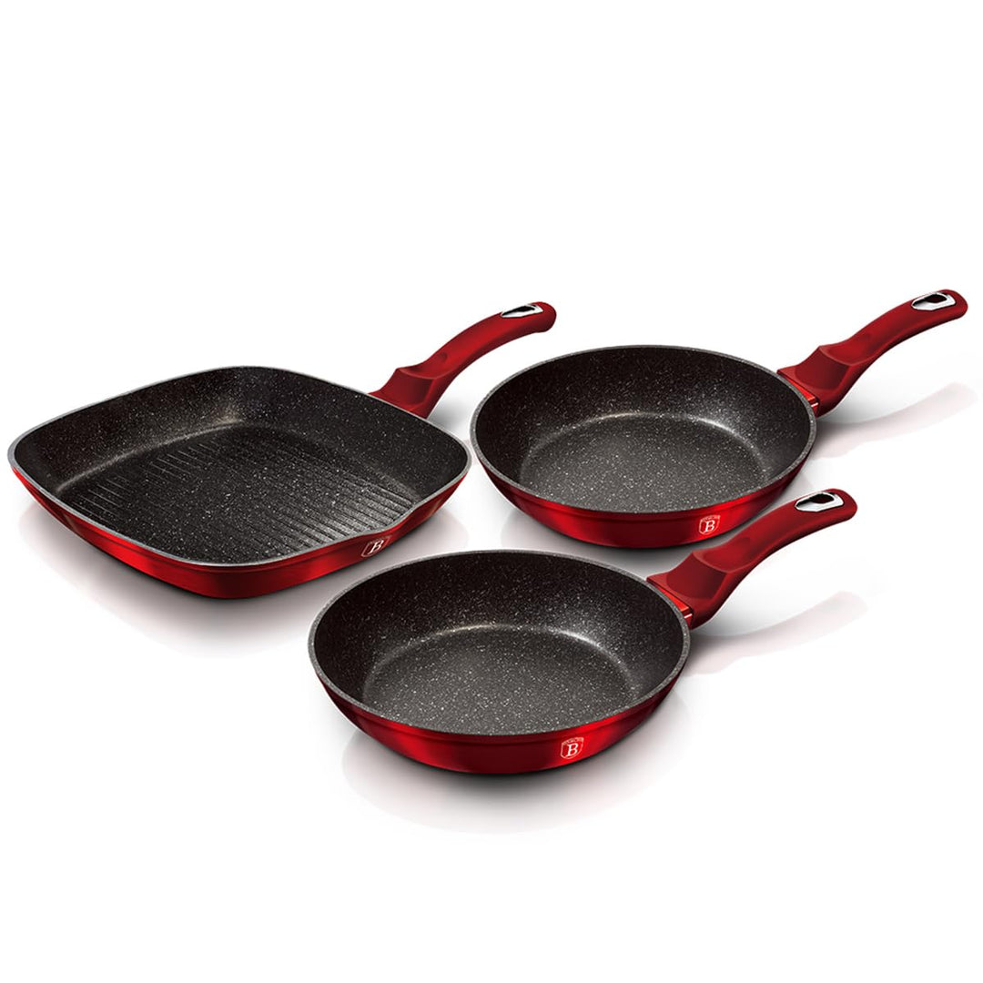 BerlingerHaus Haus Burgundy Set 2 Bratpfannen 1 Grillpfanne Induktion 20-24-28cm, Aluminium, Antihaf
