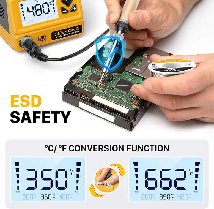 SEEKONE Lötstation 60W, Profi Lötkolben Einstellbare Temperatur 200℃-480℃ mit LCD Displayanzeige, Di