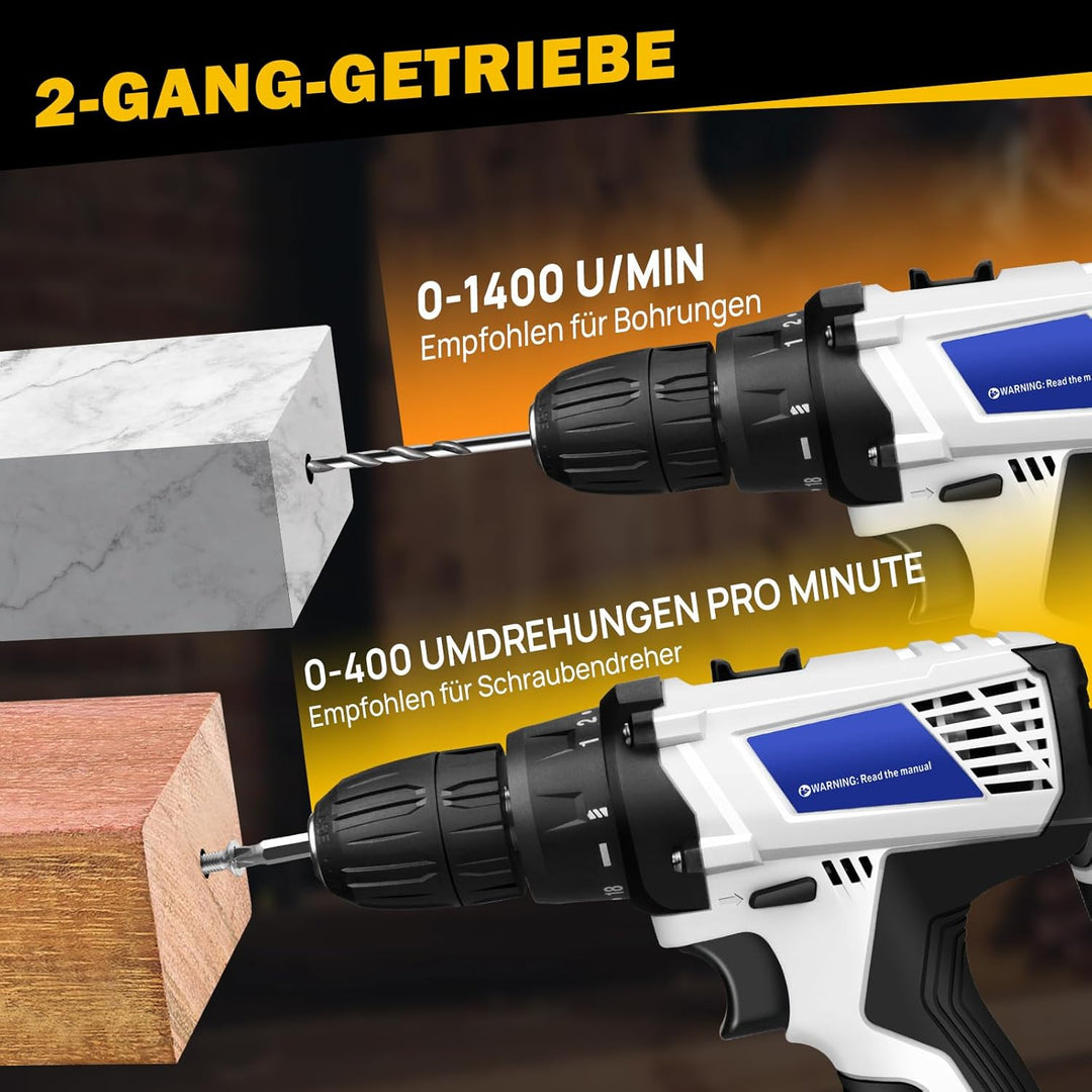 Akku-Bohrschrauber Akkubohrer 16,8V Akkuschrauber Set mit 2×1,5Ah Akkus, LED Arbeitslicht, 2-Gang, 4
