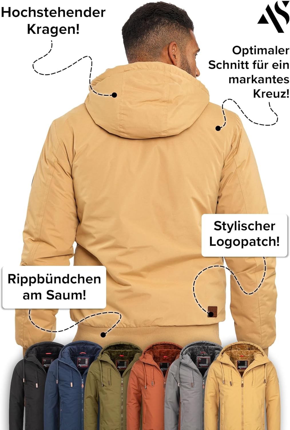 ALESSANDRO SALVARINI Herren Winterjacke (S-3XL) mit Kapuze - Teddyfleece innen komplett, Winddicht,