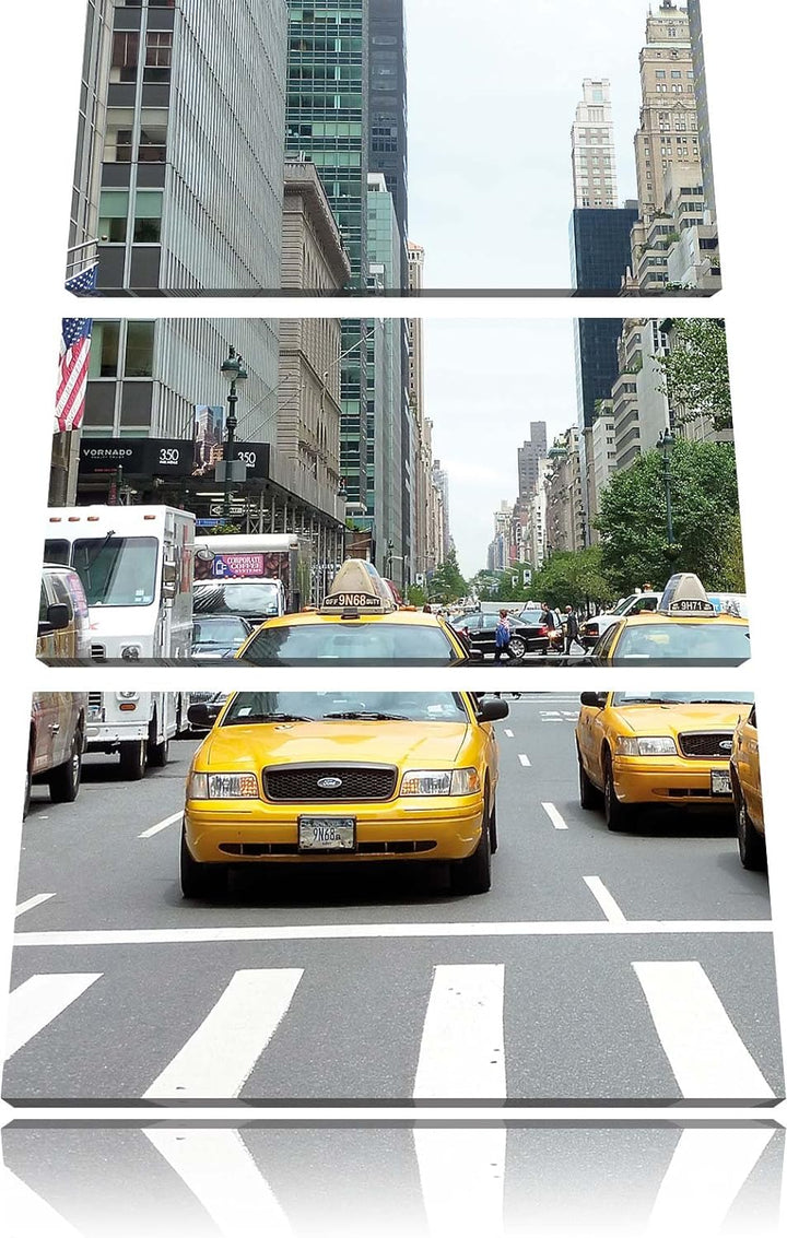 Pixxprint Taxi in New York City / 3-Teilig/Gesamtmass 120cm Leinwandbild bespannt auf Holzrahmen/Wan