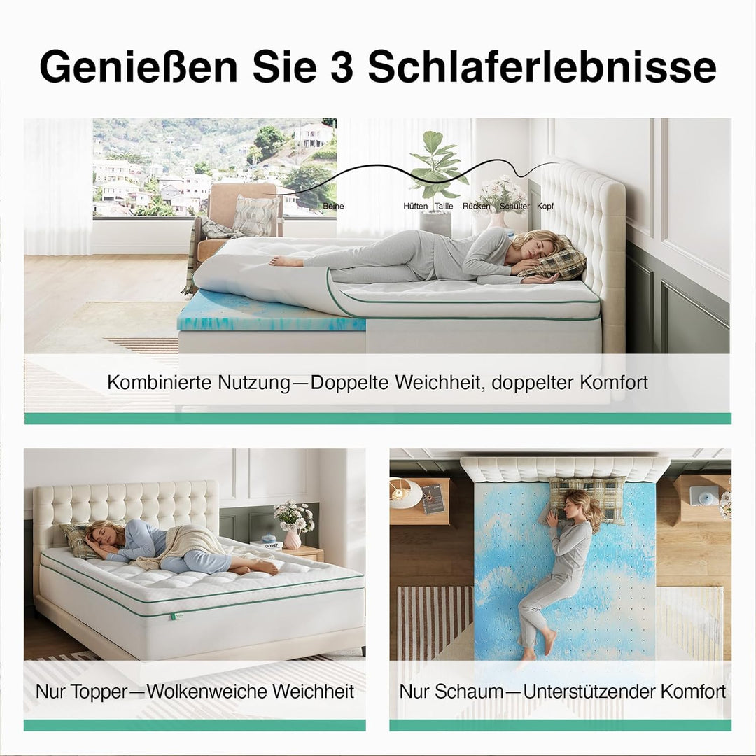 Novilla Matratzen Topper 80x200cm, 2-in-1 Abnehmbarer Gel-Memory-Schaum-Matratzenauflage, Doppellagi