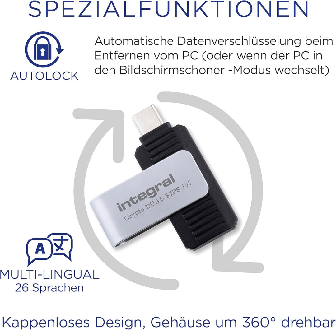 Integral 128GB Crypto-C Dual Verschlüsselter USB-Flash-Speicherstick, AES-XTS 256-Bit Hardware-versc