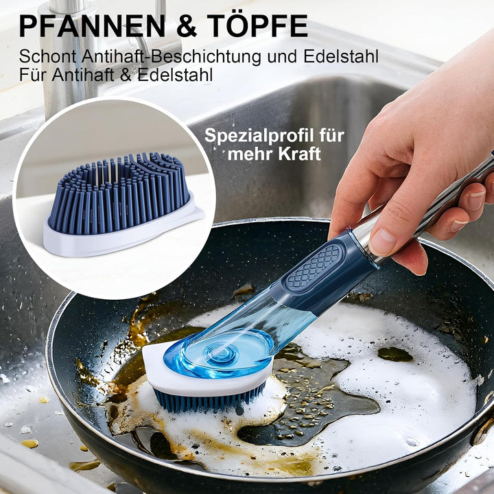 Spülbürste mit Spülmittelspender, Zvonema Küchenbürste mit ergonomischem Langer Griff, 4 Hochwertige