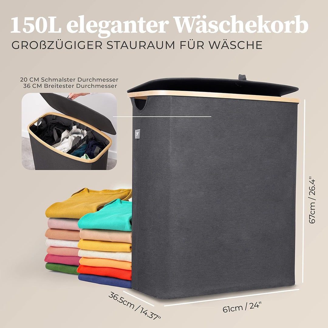 Hennez Wäschebox 150L - Wäschekorb 3 Fächer - Deckel - Wäschesortierer mit Wäschesack - Laundry Bask