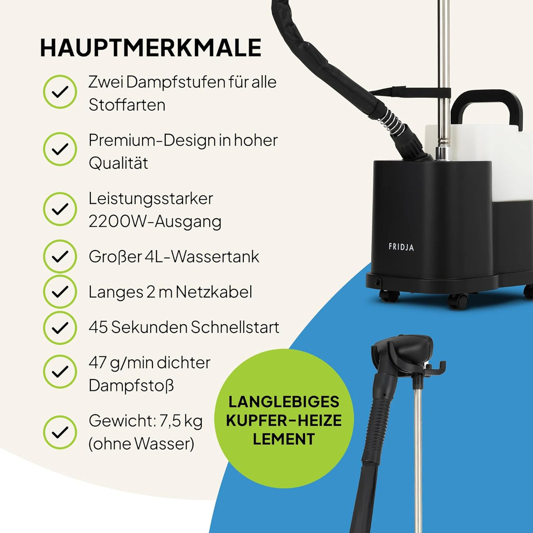 Fridja f1600 Professioneller Kleiderdampfer – Leistungsstarke 2200W Premium-Dampfmaschine – Zwei Dam