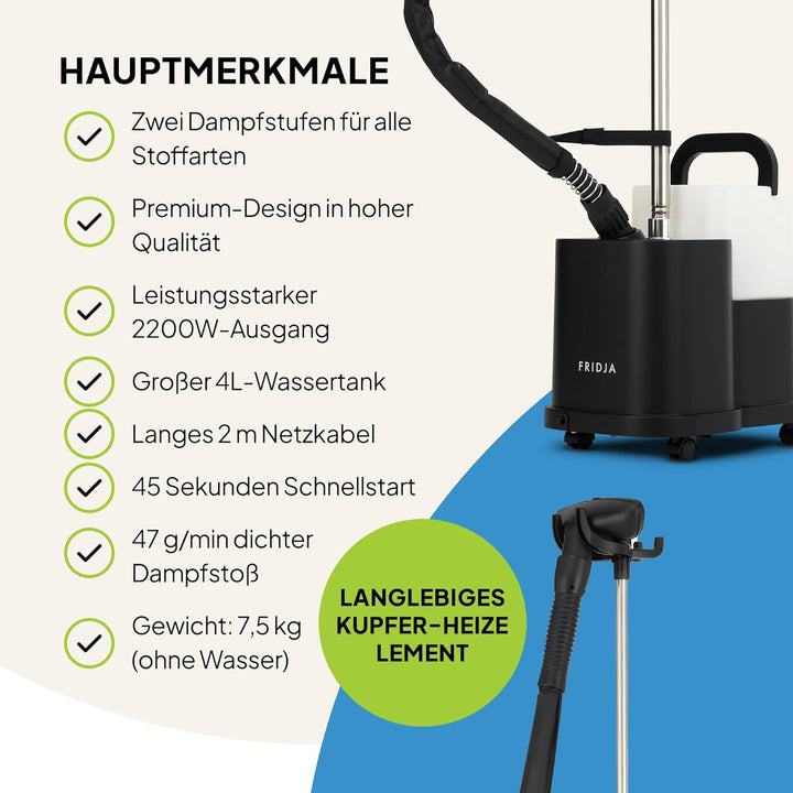 Fridja f1600 Professioneller Kleiderdampfer – Leistungsstarke 2200W Premium-Dampfmaschine – Zwei Dam