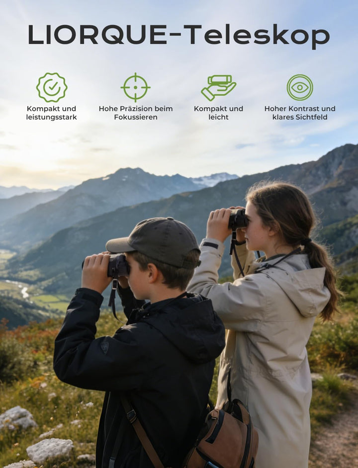 LIORQUE 10×25 Fernglas für Kinder & Erwachsene | Binoculars Kompakt, Faltbar & Leicht | Geeignet für