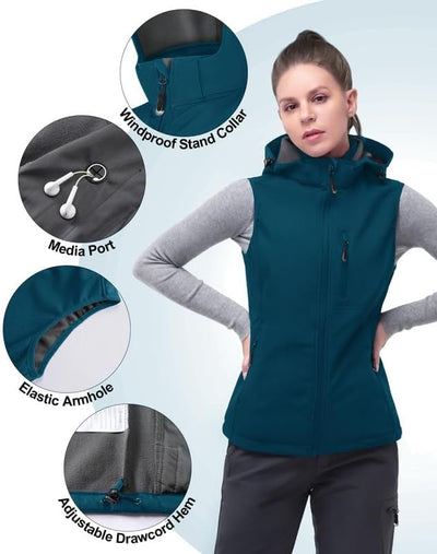 33,000ft Damen Softshell Westen mit Abnehmbare Kapuze Fleece Gefütterte Ärmellose Jacke Wasserdichte