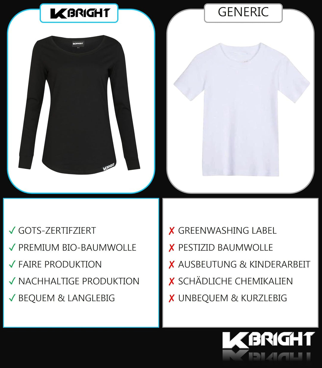 K-BRIGHT Langarmshirt Damen Langarm Nachhaltig Bio Baumwolle Damen Oberteil Sommer Sportshirt Funkti