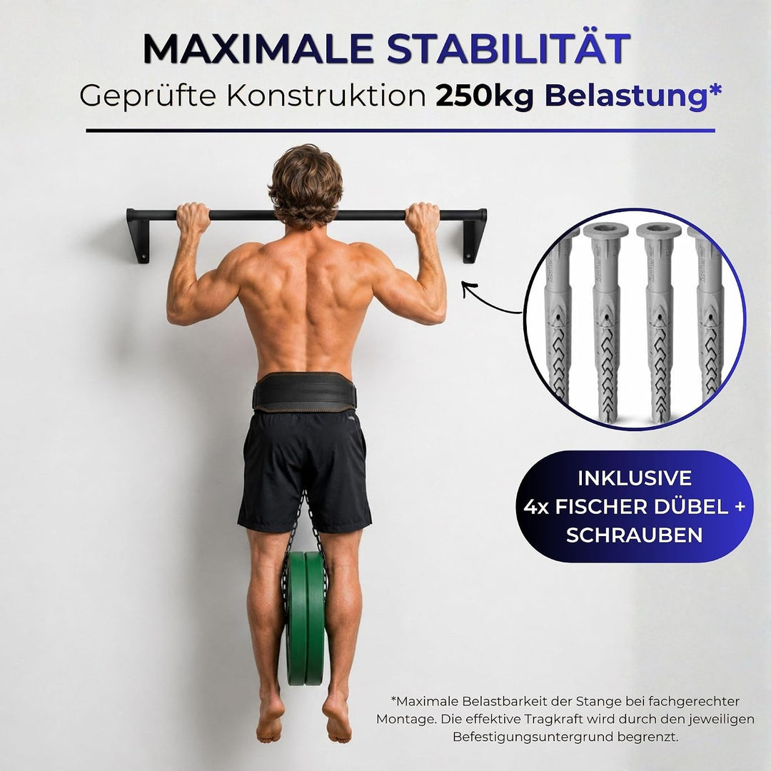 Klimmzugstange Wand, Pull Up Bar zur Wandmontage über Türrahmen & Balken - robuster Stahl pulverbesc