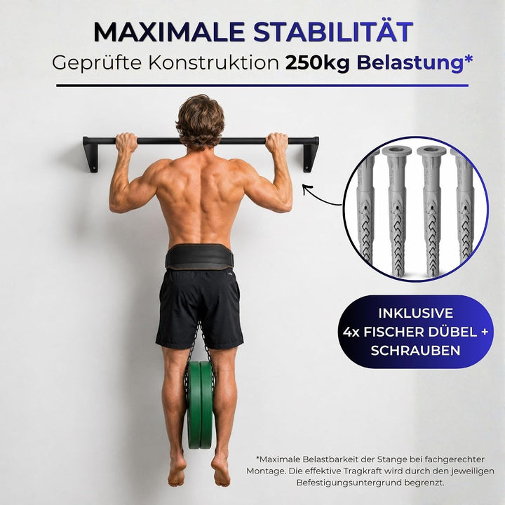 Klimmzugstange Wand, Pull Up Bar zur Wandmontage über Türrahmen & Balken - robuster Stahl pulverbesc