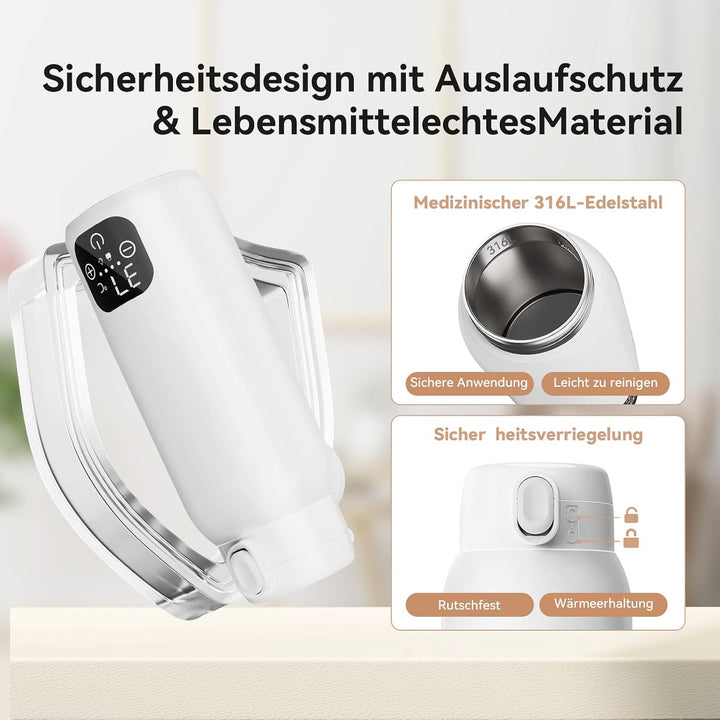 Tragbarer Flaschenwärmer Baby Unterwegs, 3 min Schnellheizung für Muttermilch und Wasser, 500ml Kapa