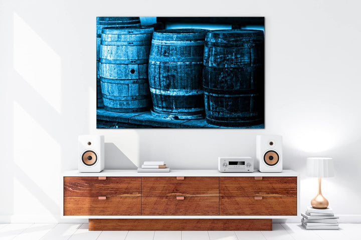 deyoli alte Holzfässer mit Wein Format 80x60 Effekt: Monocrome Blau als Leinwandbild, Motiv fertig g