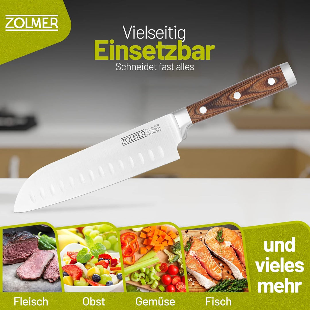 Zolmer® Santoku Messer - Extra scharfes Küchenmesser - Allzweck Messer mit komfortablem Griff aus Pa