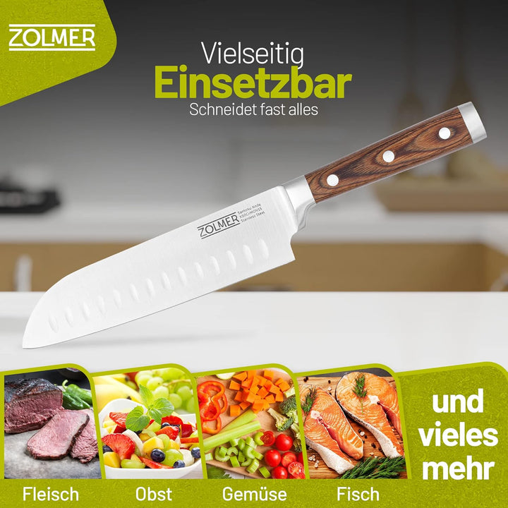 Zolmer® Santoku Messer - Extra scharfes Küchenmesser - Allzweck Messer mit komfortablem Griff aus Pa