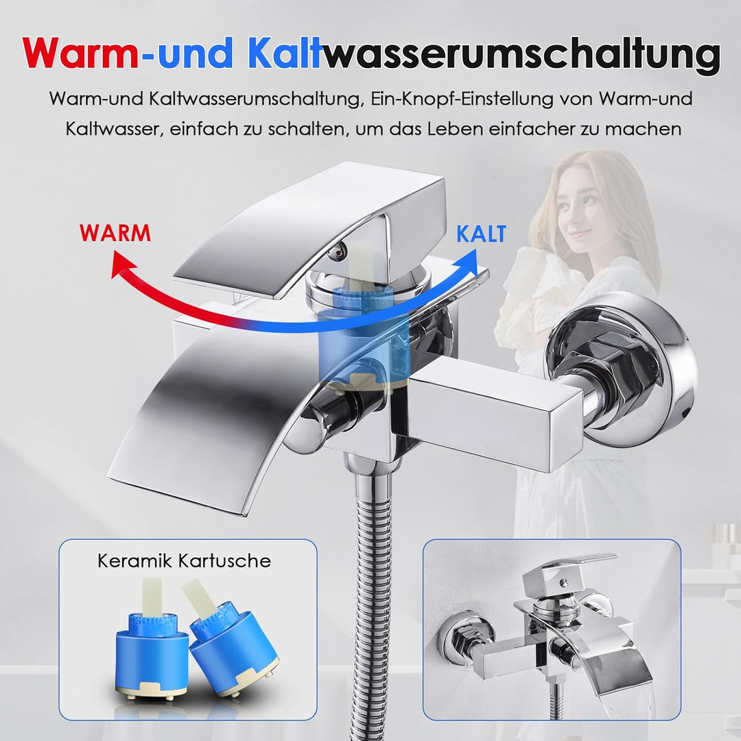 ROVOGO Badewannenarmatur Wasserfall mit Handbrause, Aufputz Einhandmischer Wannenarmatur mit Messing