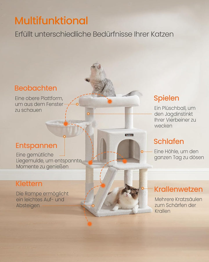 Feandrea Kratzbaum, 96 cm hoch, Katzenbaum mit grosser Plattform, Katzenkratzbaum mit Katzenhöhle, H