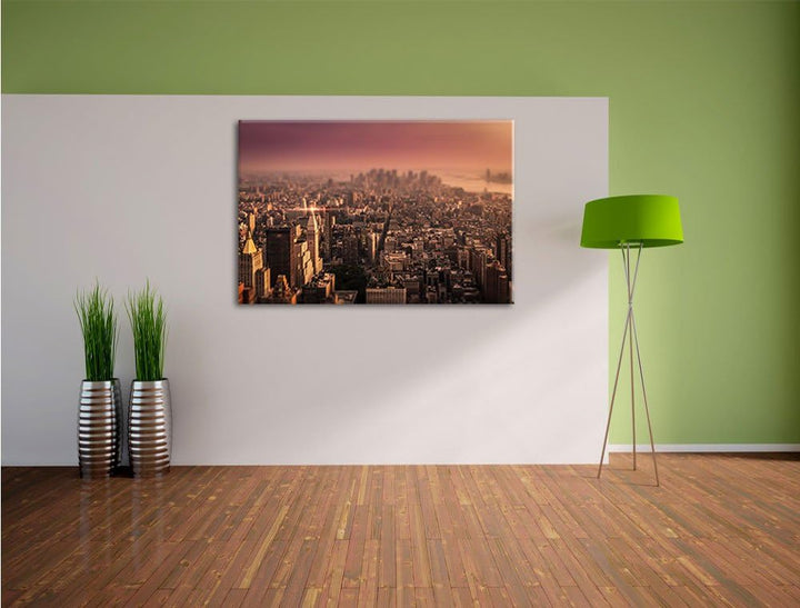 Pixxprint New York City bei Sonnenuntergang / 100x70cm Leinwandbild bespannt auf Holzrahmen/Wandbild