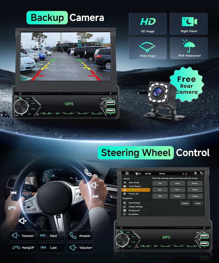 Autoradio 1 Din Carplay Android Auto Wireless mit 7 Zoll Manuell einziehbar Bildschirm,FM Radio mit