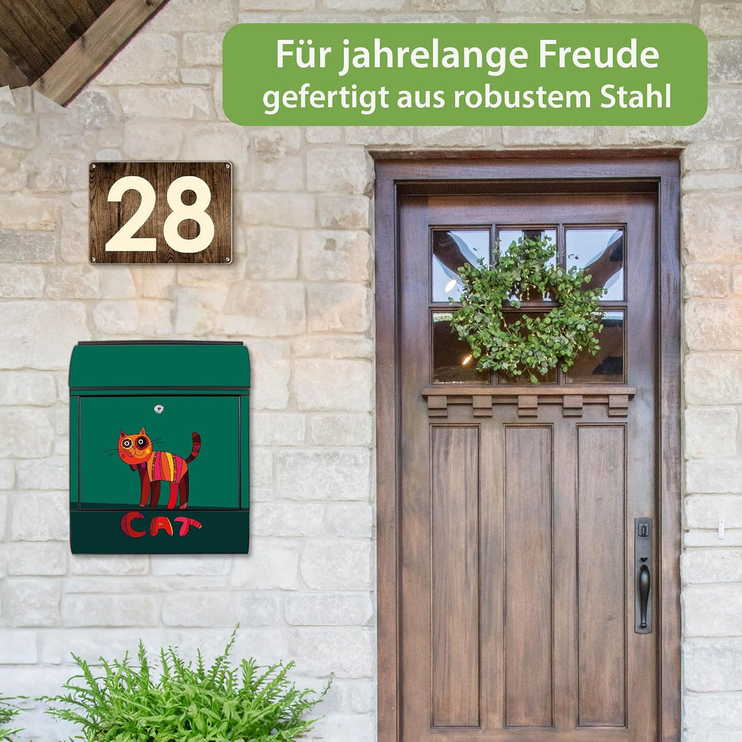 banjado® Design Briefkasten mit Motiv Orange Katze 39x47x14cm &amp; 2 Schlüssel - Briefkasten Stahl schw