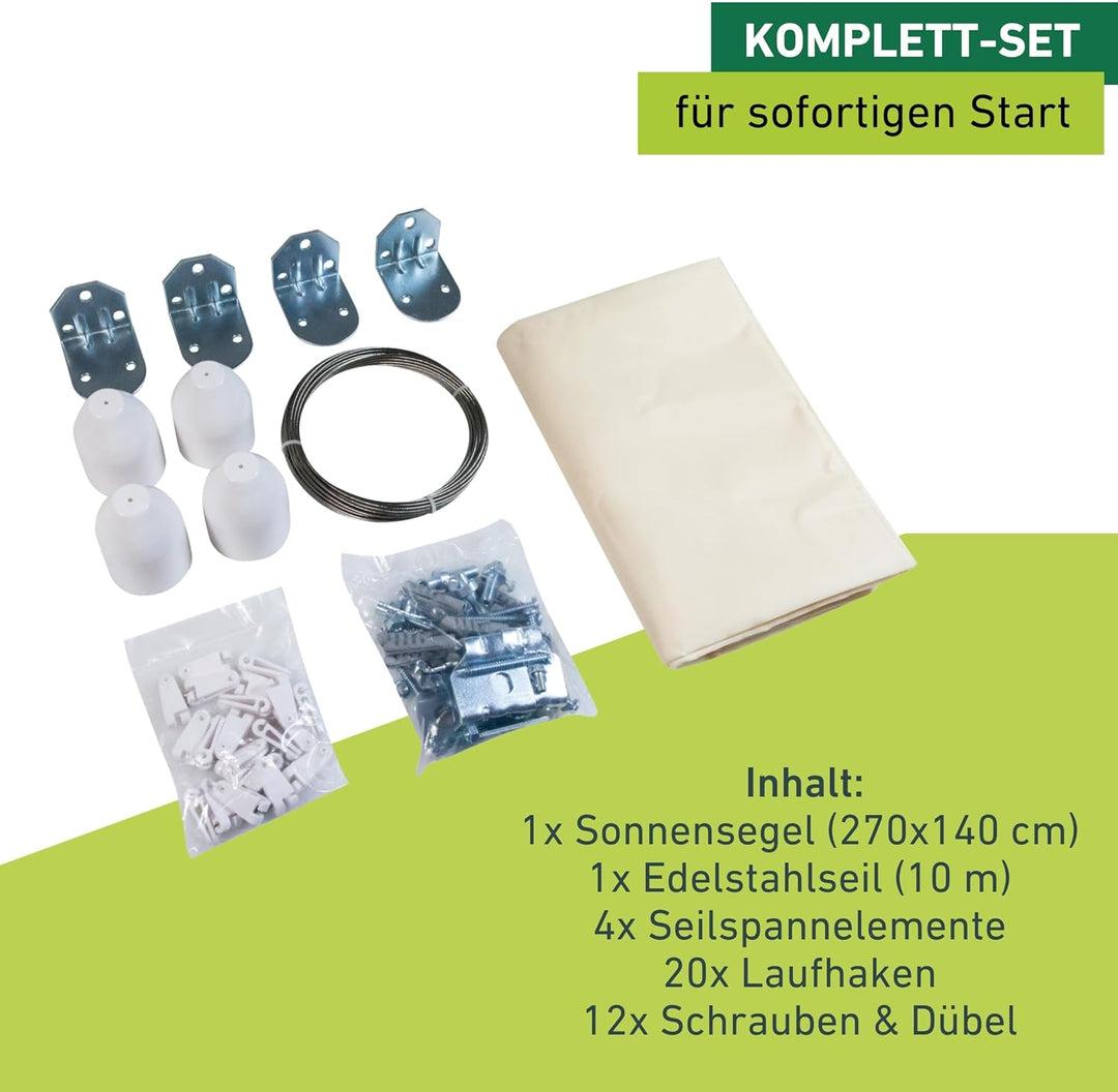 Windhager Sonnensegel für Seilspanntechnik Komplett-Set inkl. Sonnen-Segel 270 x 140 cm, ideal für P