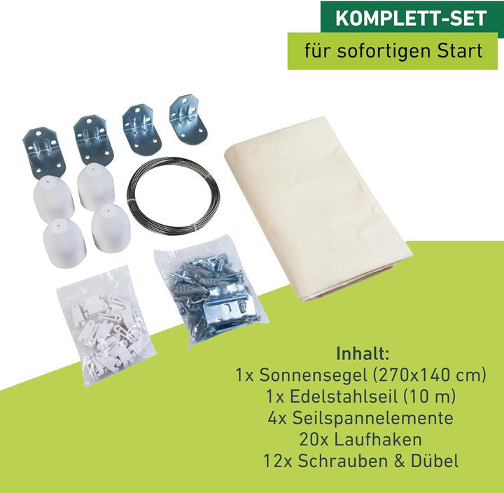 Windhager Sonnensegel für Seilspanntechnik Komplett-Set inkl. Sonnen-Segel 270 x 140 cm, ideal für P