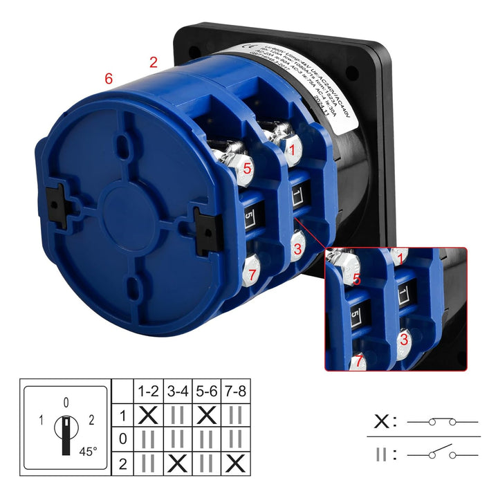 Heschen Drehwechsel-Nockenschalter, LW28-125/D202.2, 125A 660VAC, 2 Phasen, ON/OFF/ON 3 Positionen,
