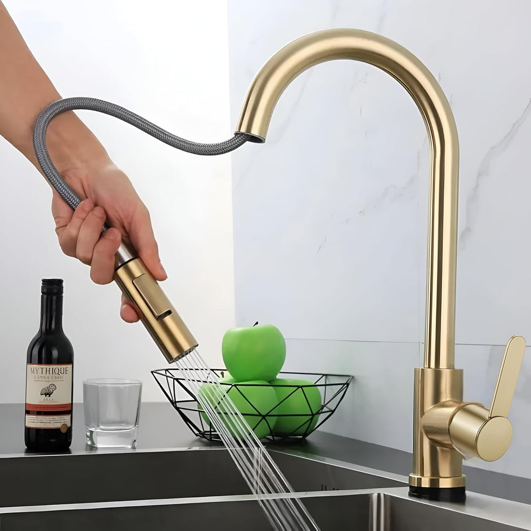 SLIM Küchenarmatur mit herausziehbarer Auslaufbrause, Wasserhahn Küche, 360° drehbare Edelstahl Spül