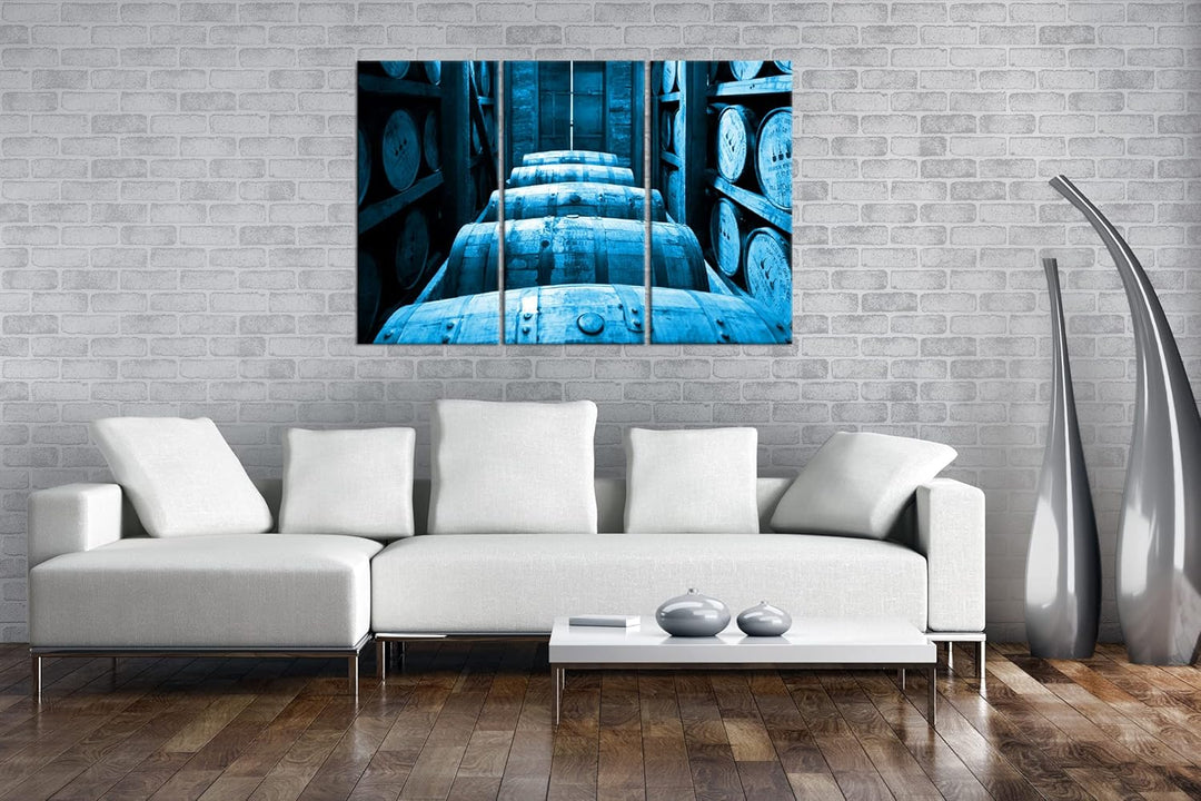 deyoli riesige Fässer in Brennerei Format 120x80 3Teilig Effekt: Monocrome Blau als Leinwandbild, Mo