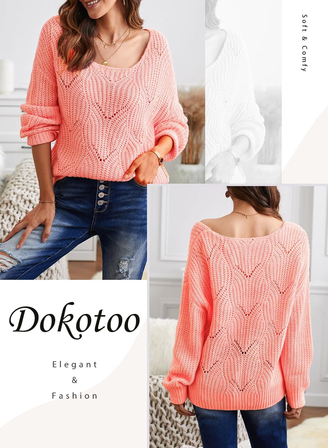 Dokotoo Damen Strickpullover Elegant Rundhals Pullover Herbst Winter Einfarbiger Pulli Oberteil Swea