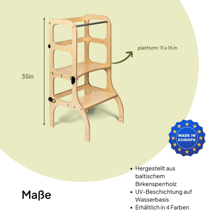 Klappbarer Lernturm mit Sitzfunktion, 45 cm Stehhöhe, Step’n’Sit, Lernturm mit Sitz und Tisch umklap