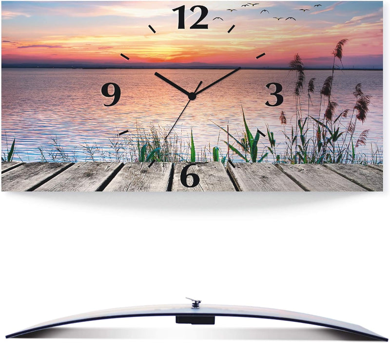 ARTLAND Wanduhr ohne Tickgeräusche Alu Funkuhr 60x30 cm Rechteckig Lautlos Landschaft Natur See Wolk