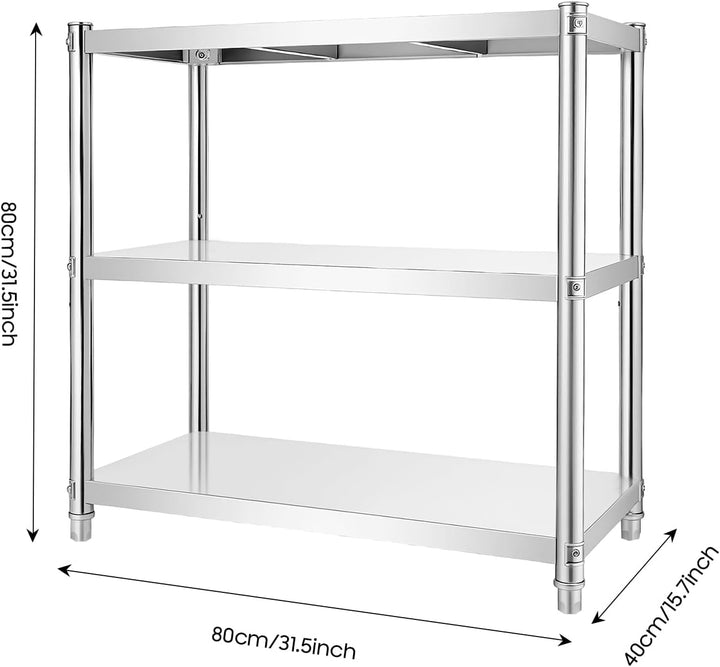 3-stufiges Edelstahl-Regal 201, 80x80x40cm, Metall Küchenregal mit verstellbaren Ebenen, stabil & ro